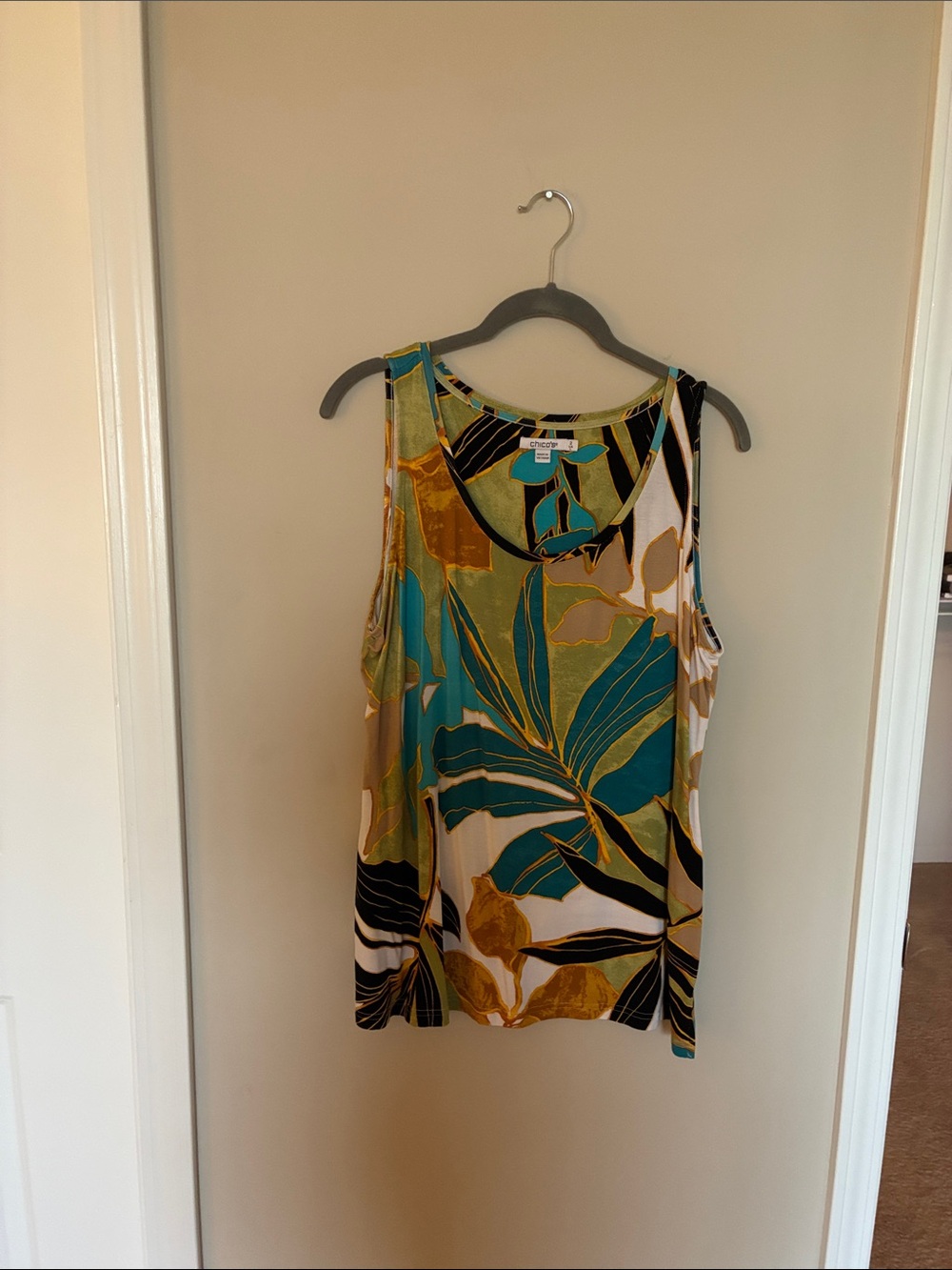 Chico's Tropical Leaf Print Tank - Teal, Gold & Black